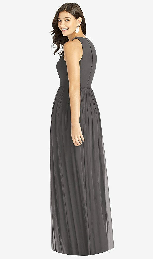 Back View - Caviar Gray Shirred Skirt Jewel Neck Halter Dress with Front Slit