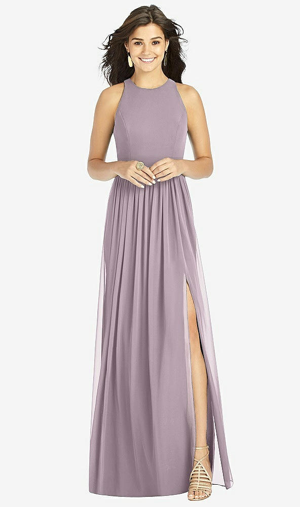Front View - Lilac Dusk Shirred Skirt Jewel Neck Halter Dress with Front Slit