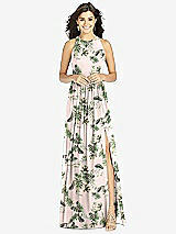 Front View Thumbnail - Palm Beach Print Shirred Skirt Jewel Neck Halter Dress with Front Slit