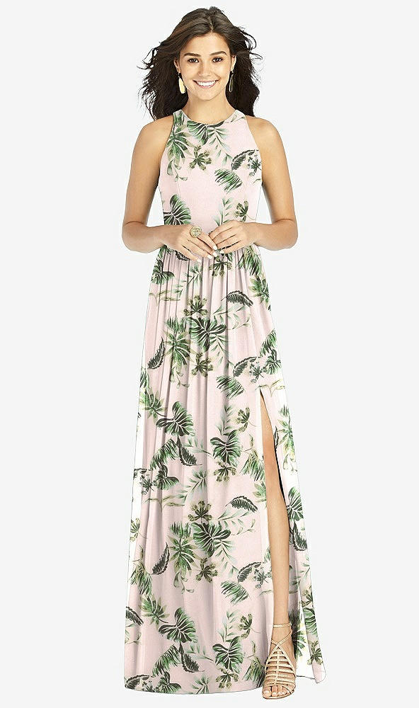 Front View - Palm Beach Print Shirred Skirt Jewel Neck Halter Dress with Front Slit