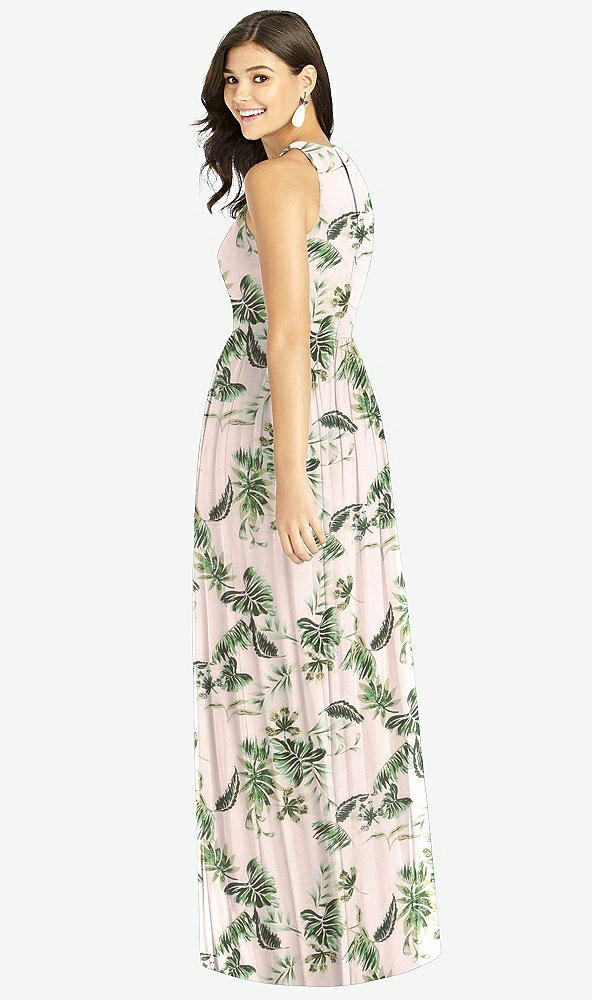Back View - Palm Beach Print Shirred Skirt Jewel Neck Halter Dress with Front Slit