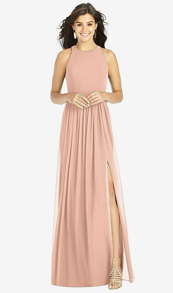 Front View - Pale Peach Shirred Skirt Jewel Neck Halter Dress with Front Slit