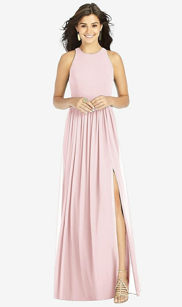 Front View - Ballet Pink Shirred Skirt Jewel Neck Halter Dress with Front Slit