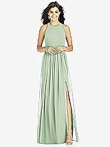 Front View Thumbnail - Celadon Shirred Skirt Jewel Neck Halter Dress with Front Slit