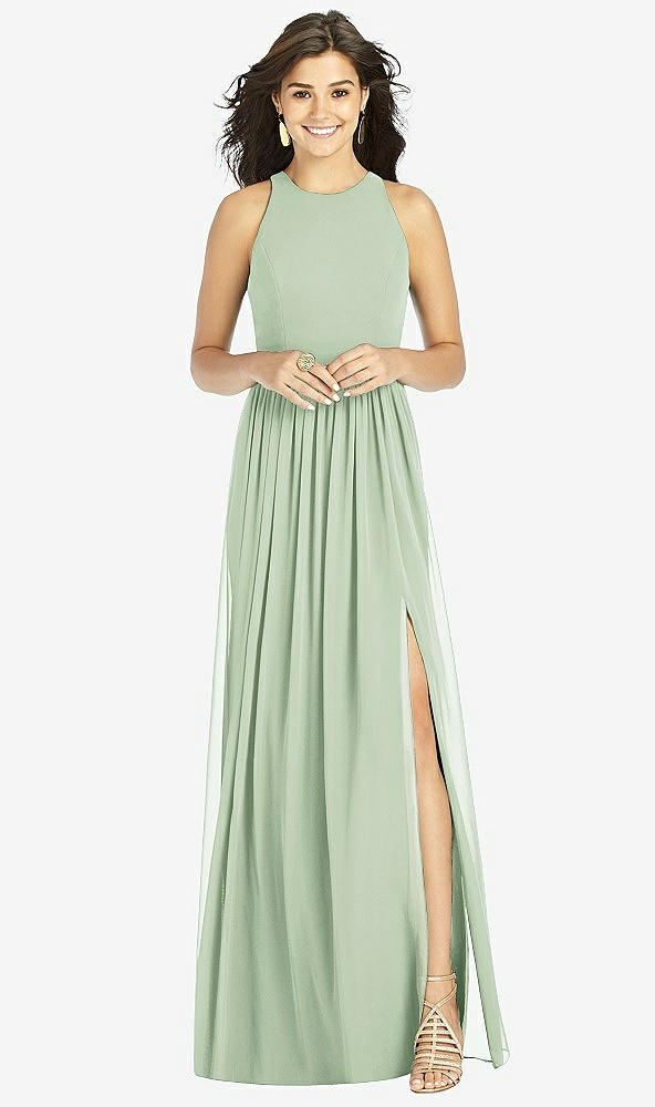 Front View - Celadon Shirred Skirt Jewel Neck Halter Dress with Front Slit