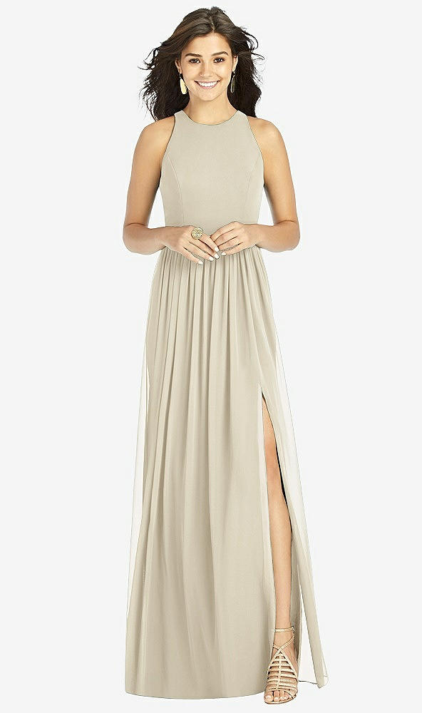 Front View - Champagne Shirred Skirt Jewel Neck Halter Dress with Front Slit