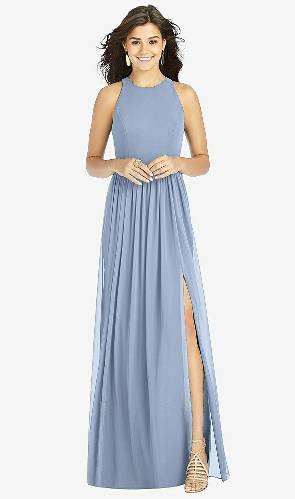 Front View - Cloudy Shirred Skirt Jewel Neck Halter Dress with Front Slit