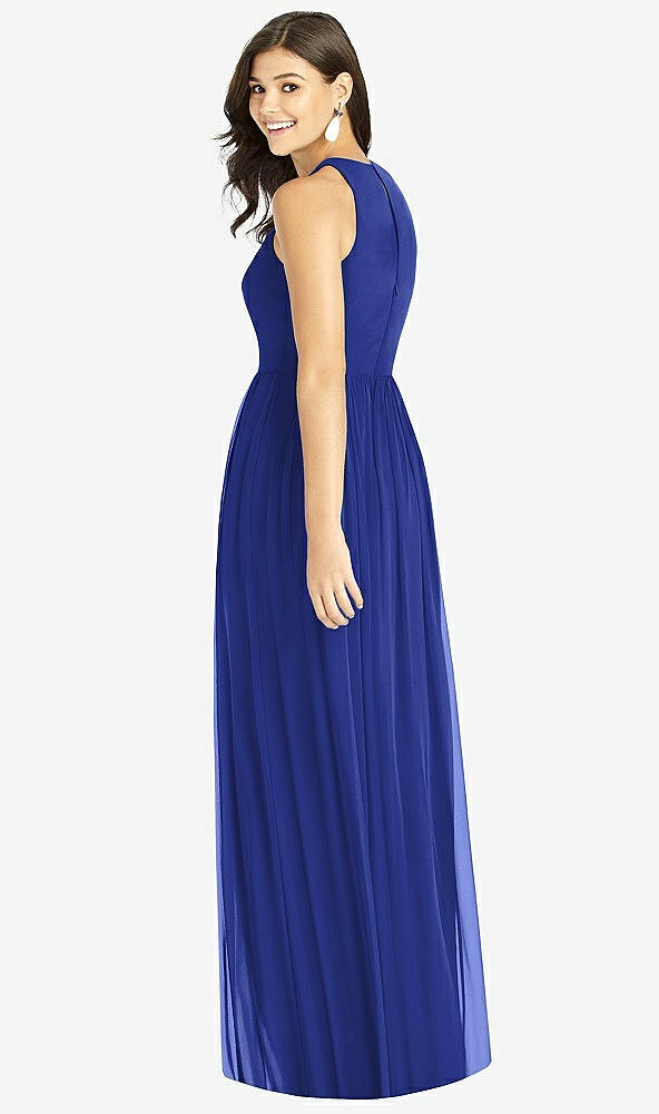 Back View - Cobalt Blue Shirred Skirt Jewel Neck Halter Dress with Front Slit