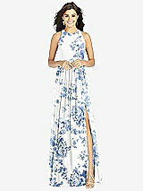 Front View Thumbnail - Cottage Rose Dusk Blue Shirred Skirt Jewel Neck Halter Dress with Front Slit