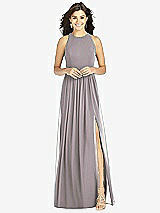 Front View Thumbnail - Cashmere Gray Shirred Skirt Jewel Neck Halter Dress with Front Slit