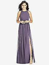 Front View Thumbnail - Lavender Shirred Skirt Jewel Neck Halter Dress with Front Slit