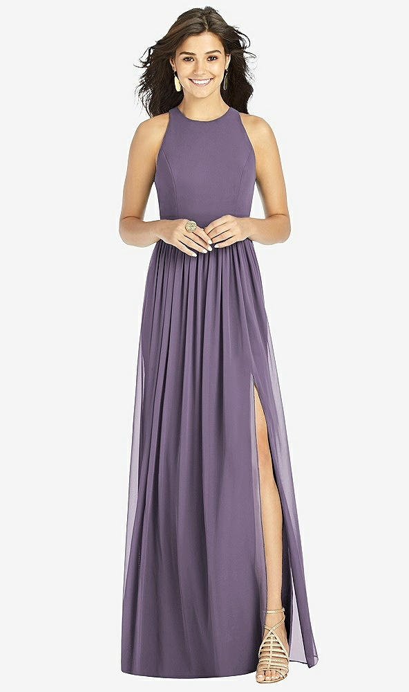 Front View - Lavender Shirred Skirt Jewel Neck Halter Dress with Front Slit