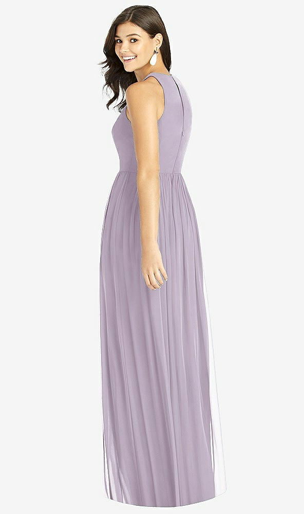 Back View - Lilac Haze Shirred Skirt Jewel Neck Halter Dress with Front Slit