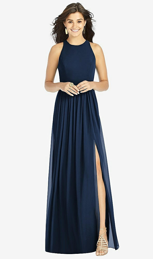 Front View - Midnight Navy Shirred Skirt Jewel Neck Halter Dress with Front Slit