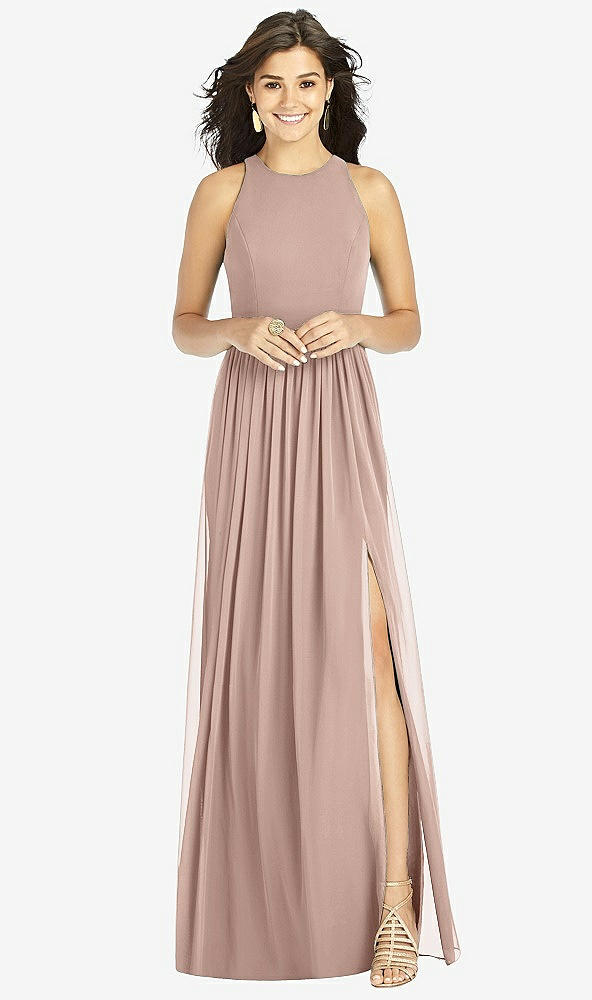 Front View - Neu Nude Shirred Skirt Jewel Neck Halter Dress with Front Slit