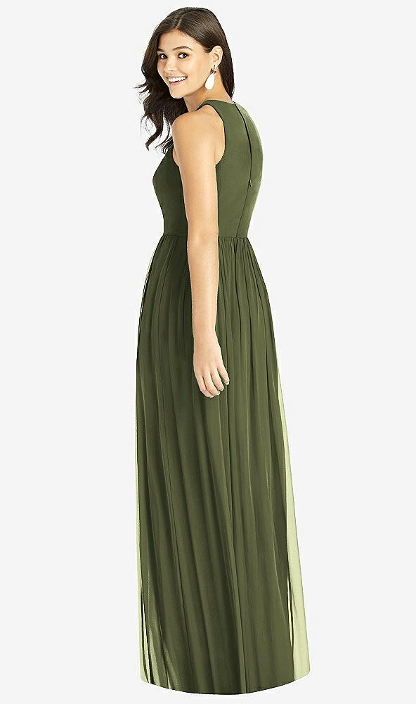 Back View - Olive Green Shirred Skirt Jewel Neck Halter Dress with Front Slit