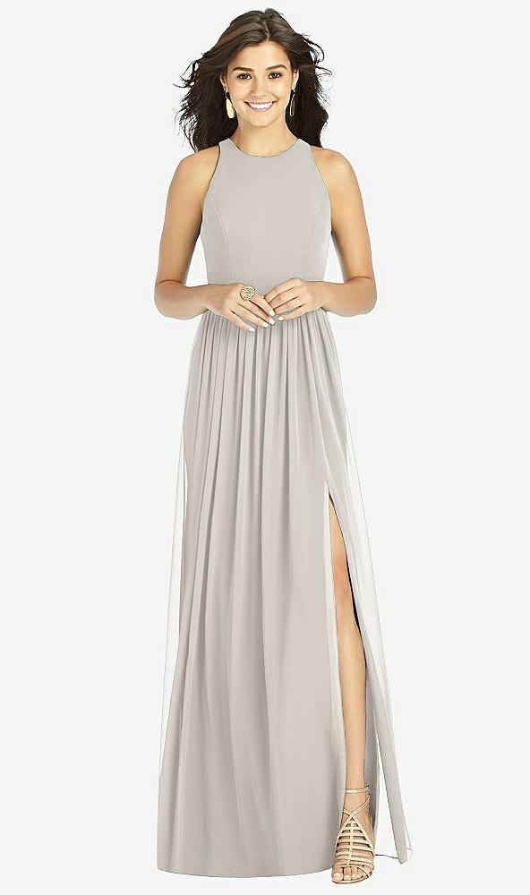 Front View - Oyster Shirred Skirt Jewel Neck Halter Dress with Front Slit