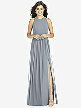 Front View Thumbnail - Platinum Shirred Skirt Jewel Neck Halter Dress with Front Slit