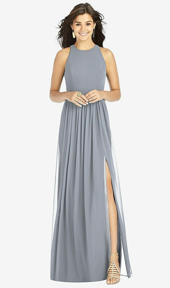 Front View - Platinum Shirred Skirt Jewel Neck Halter Dress with Front Slit