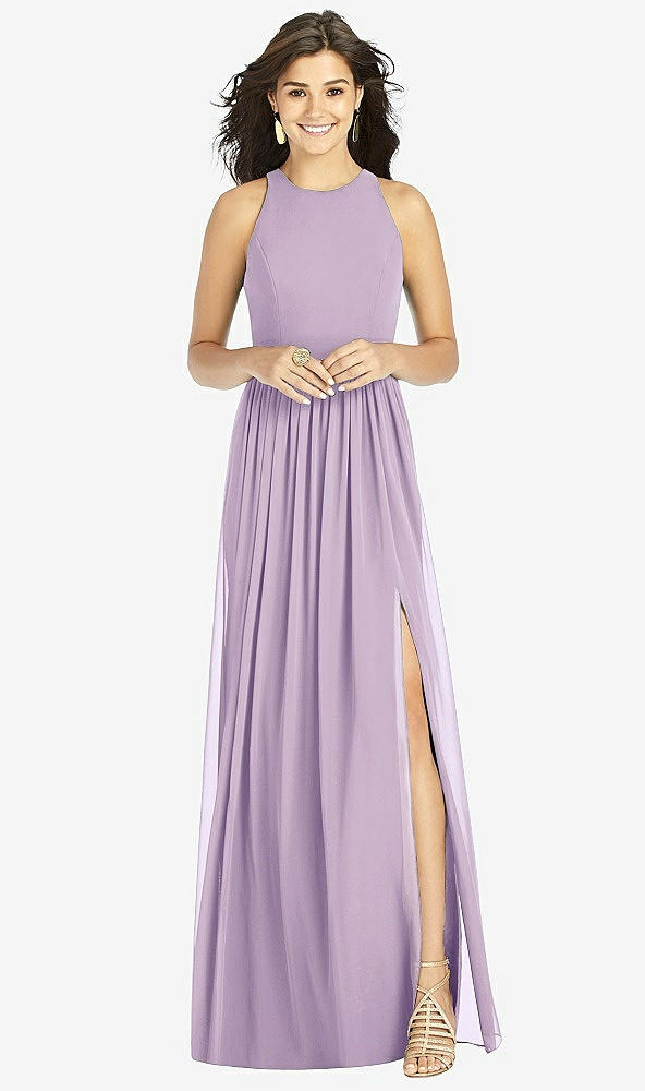 Front View - Pale Purple Shirred Skirt Jewel Neck Halter Dress with Front Slit