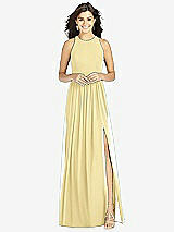 Front View Thumbnail - Pale Yellow Shirred Skirt Jewel Neck Halter Dress with Front Slit