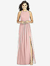 Front View Thumbnail - Rose - PANTONE Rose Quartz Shirred Skirt Jewel Neck Halter Dress with Front Slit