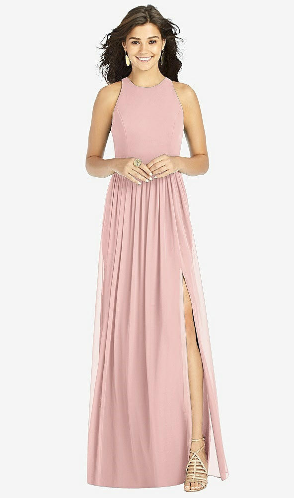 Front View - Rose - PANTONE Rose Quartz Shirred Skirt Jewel Neck Halter Dress with Front Slit