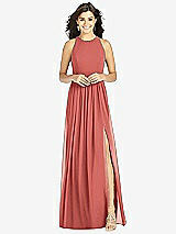Front View Thumbnail - Coral Pink Shirred Skirt Jewel Neck Halter Dress with Front Slit