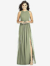 Front View Thumbnail - Sage Shirred Skirt Jewel Neck Halter Dress with Front Slit