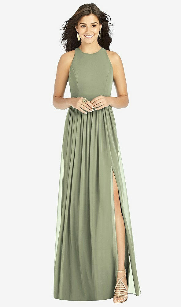 Front View - Sage Shirred Skirt Jewel Neck Halter Dress with Front Slit