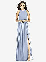 Front View Thumbnail - Sky Blue Shirred Skirt Jewel Neck Halter Dress with Front Slit