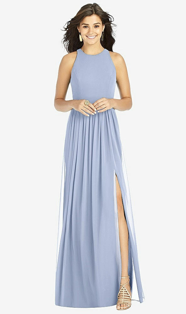 Front View - Sky Blue Shirred Skirt Jewel Neck Halter Dress with Front Slit