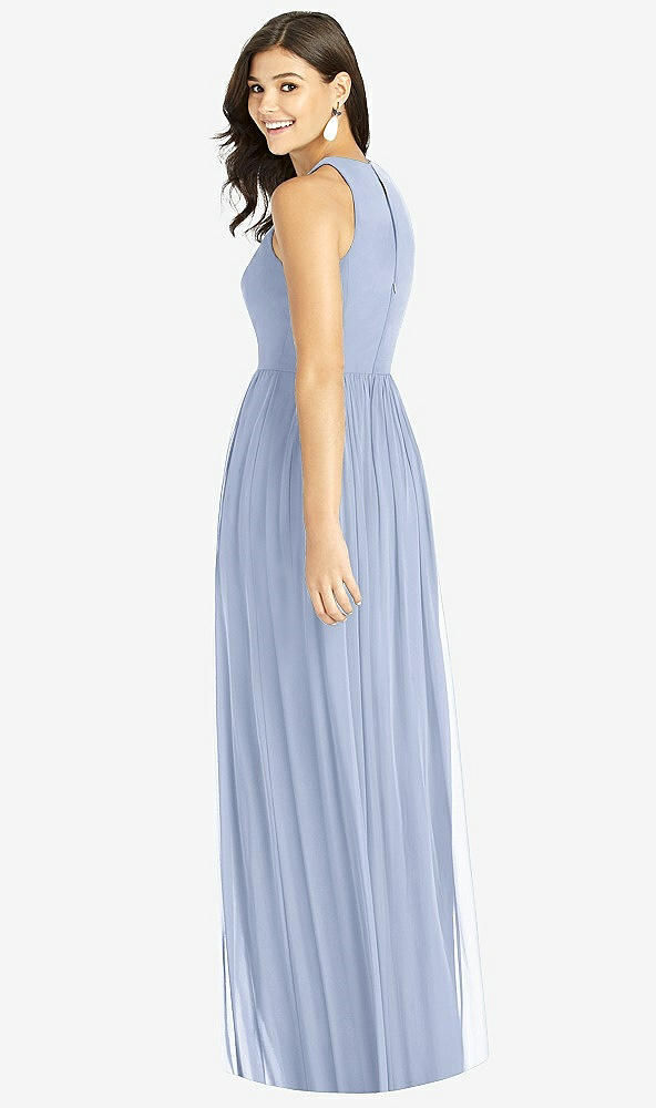 Back View - Sky Blue Shirred Skirt Jewel Neck Halter Dress with Front Slit