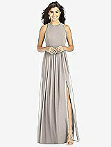 Front View Thumbnail - Taupe Shirred Skirt Jewel Neck Halter Dress with Front Slit