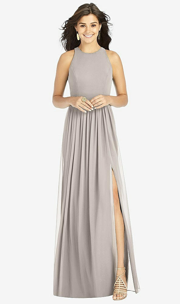 Front View - Taupe Shirred Skirt Jewel Neck Halter Dress with Front Slit
