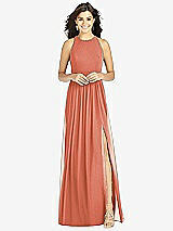 Front View Thumbnail - Terracotta Copper Shirred Skirt Jewel Neck Halter Dress with Front Slit