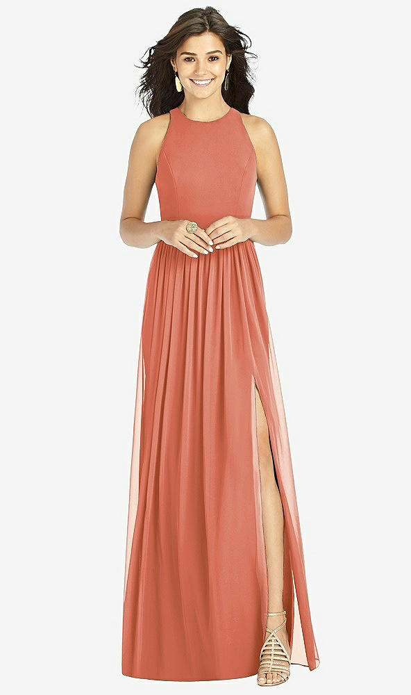 Front View - Terracotta Copper Shirred Skirt Jewel Neck Halter Dress with Front Slit