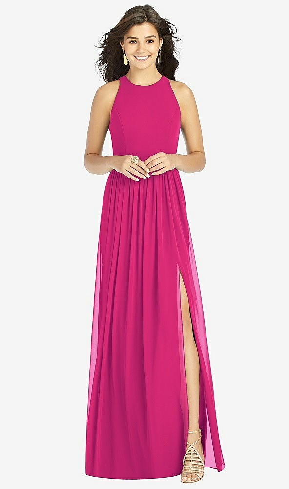 Front View - Think Pink Shirred Skirt Jewel Neck Halter Dress with Front Slit