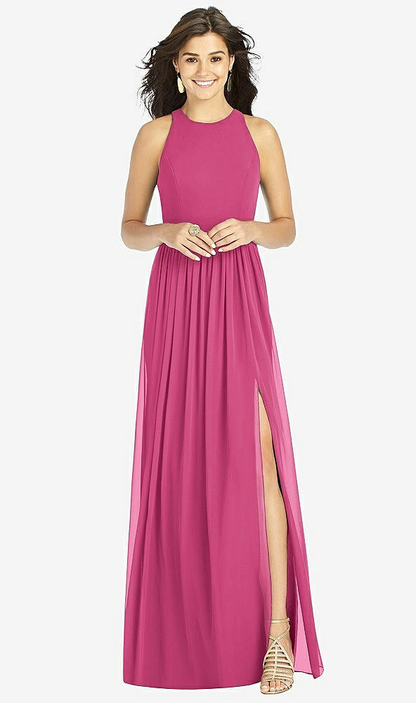 Front View - Tea Rose Shirred Skirt Jewel Neck Halter Dress with Front Slit