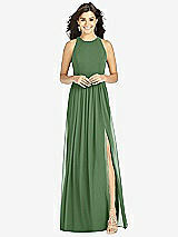 Front View Thumbnail - Vineyard Green Shirred Skirt Jewel Neck Halter Dress with Front Slit