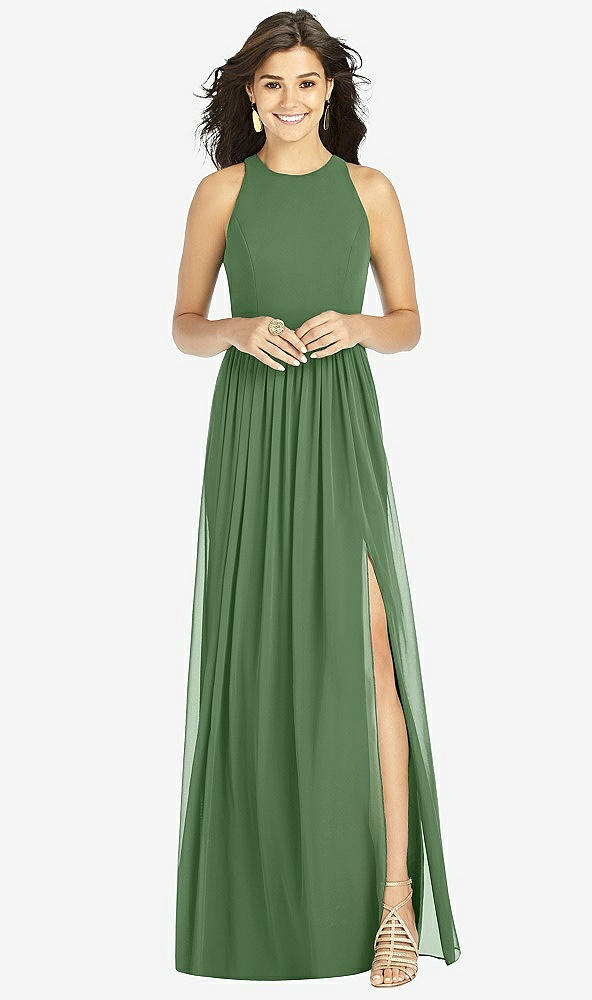 Front View - Vineyard Green Shirred Skirt Jewel Neck Halter Dress with Front Slit