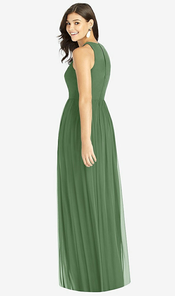 Back View - Vineyard Green Shirred Skirt Jewel Neck Halter Dress with Front Slit