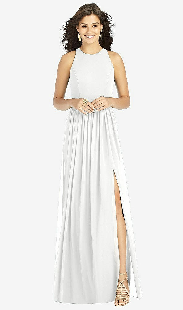 Front View - White Shirred Skirt Jewel Neck Halter Dress with Front Slit