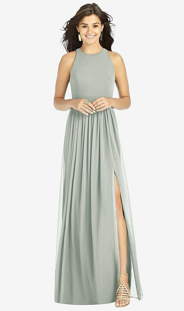 Front View - Willow Green Shirred Skirt Jewel Neck Halter Dress with Front Slit