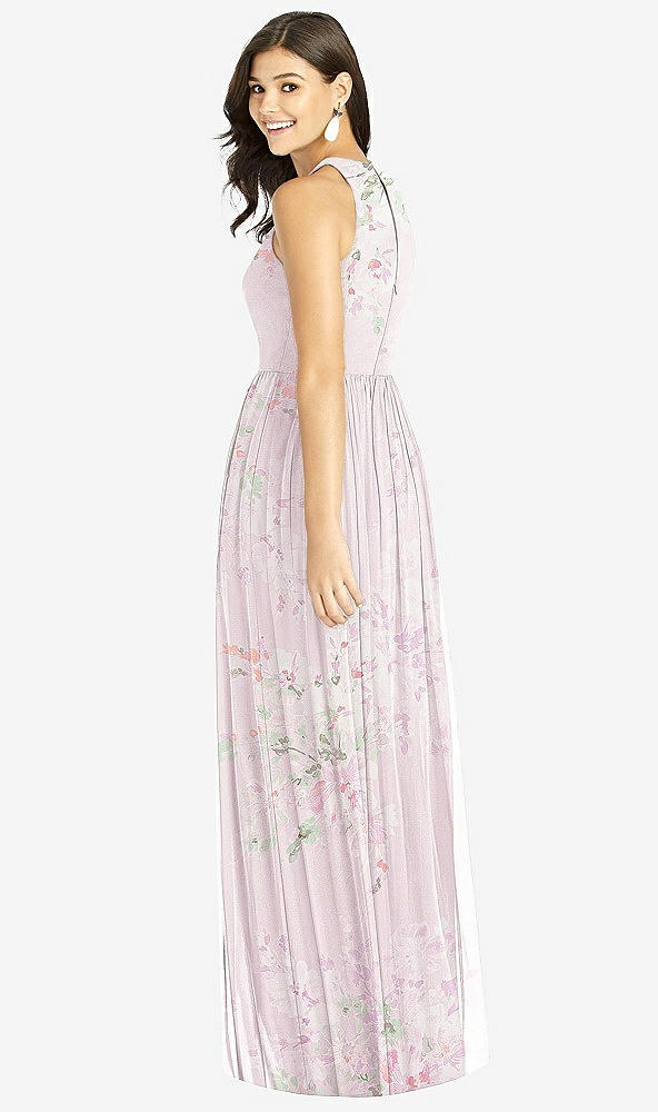 Back View - Watercolor Print Shirred Skirt Jewel Neck Halter Dress with Front Slit