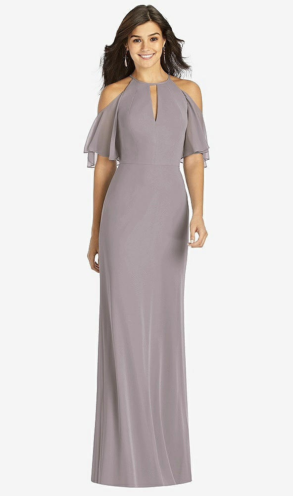 Front View - Cashmere Gray Ruffle Cold-Shoulder Mermaid Maxi Dress