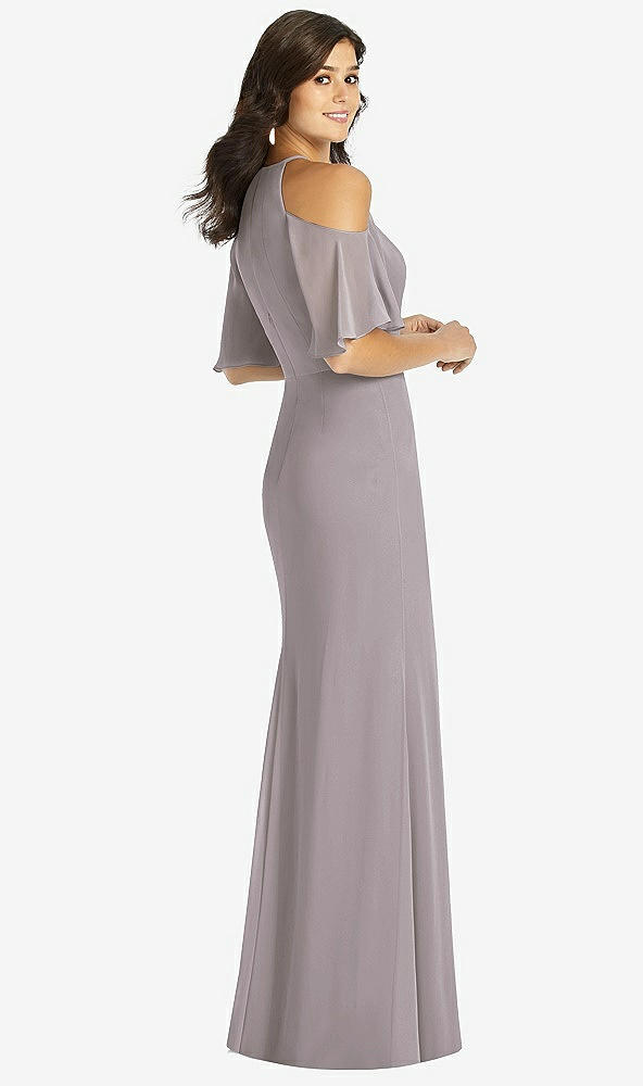 Back View - Cashmere Gray Ruffle Cold-Shoulder Mermaid Maxi Dress