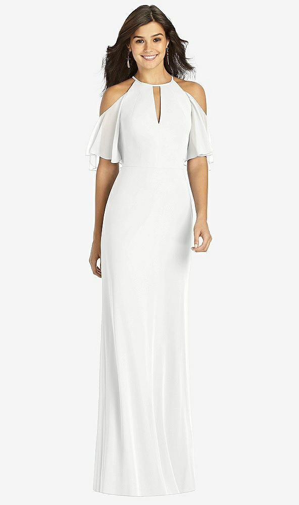 Front View - White Ruffle Cold-Shoulder Mermaid Maxi Dress