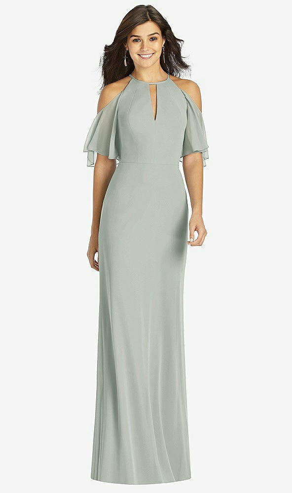 Front View - Willow Green Ruffle Cold-Shoulder Mermaid Maxi Dress