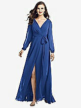 Front View Thumbnail - Classic Blue Long Sleeve Wrap Maxi Dress with Front Slit